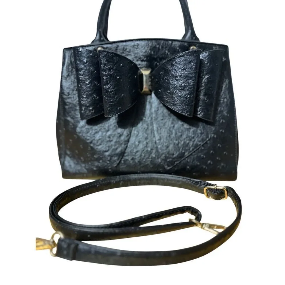 Grossi Faux Ostrich Vegan Leather Satchel: Elegant Black Double Bow